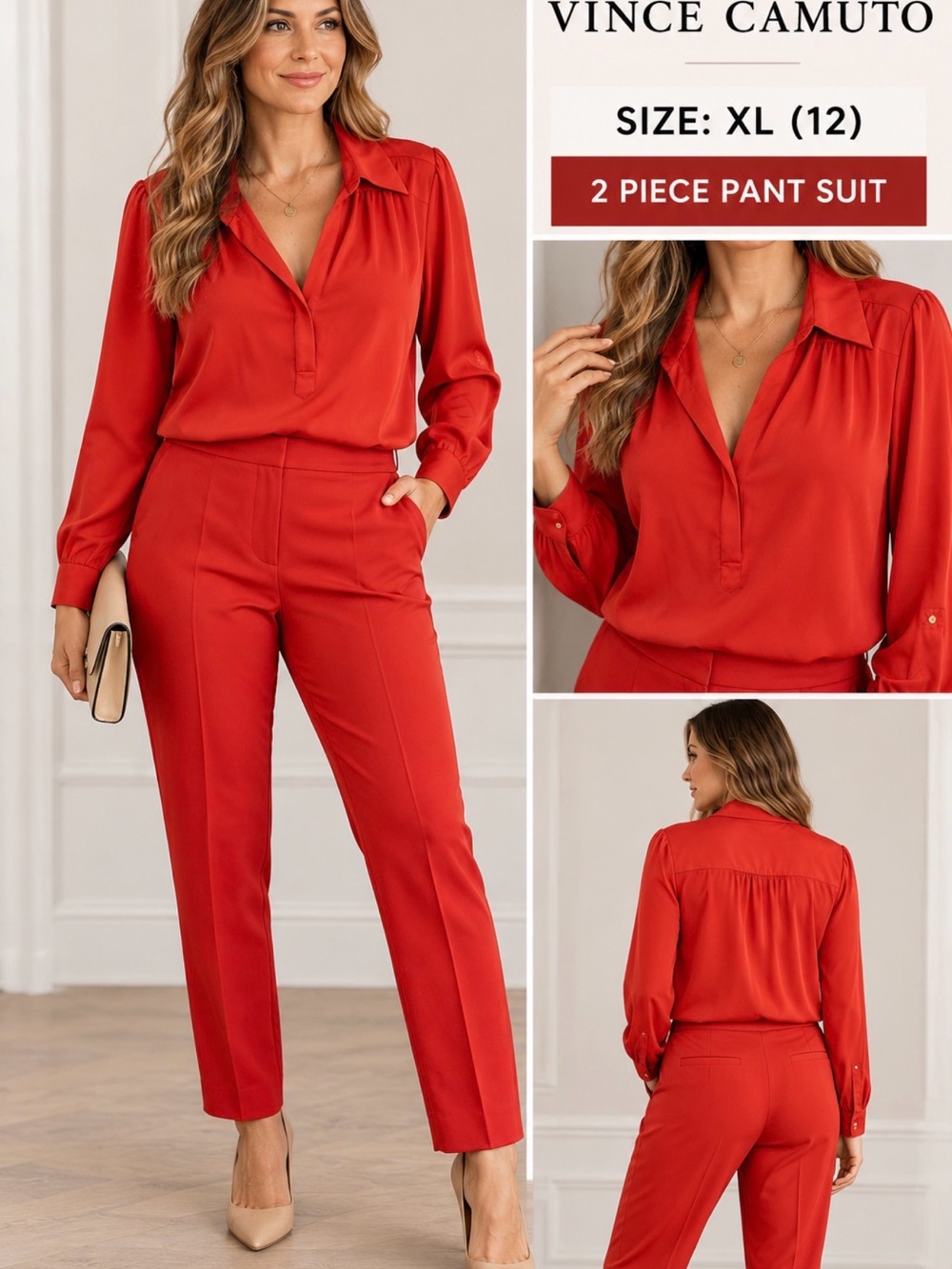 Vince Camuto Womens orange 2pc Pant Suit Set XL Blouse Pants Woven size 12 L